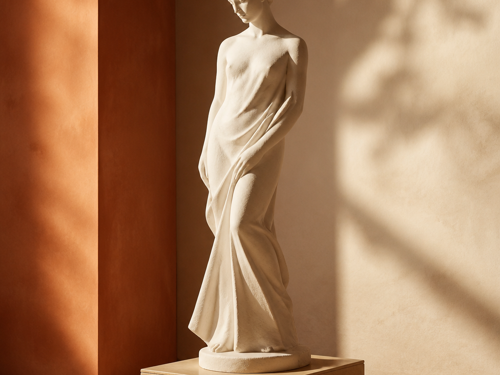 Elegante weiße Gips-Figur mit fließendem Draperie auf einem Podest