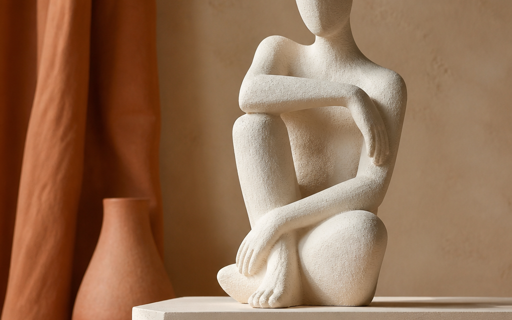 Weiße Gips-Skulptur einer sitzenden Figur vor warmem Hintergrund