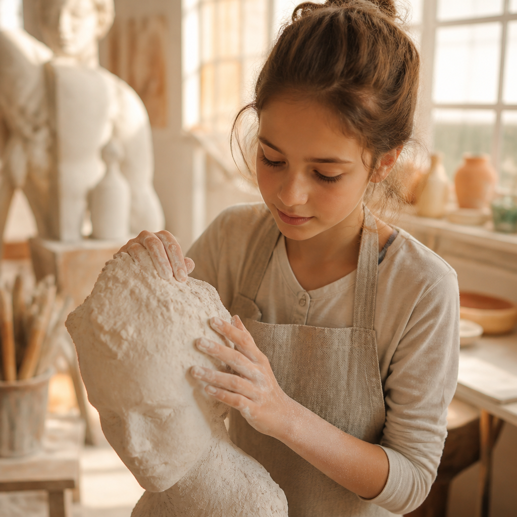 Helen formt in ihrem Atelier eine Gips-Skulptur